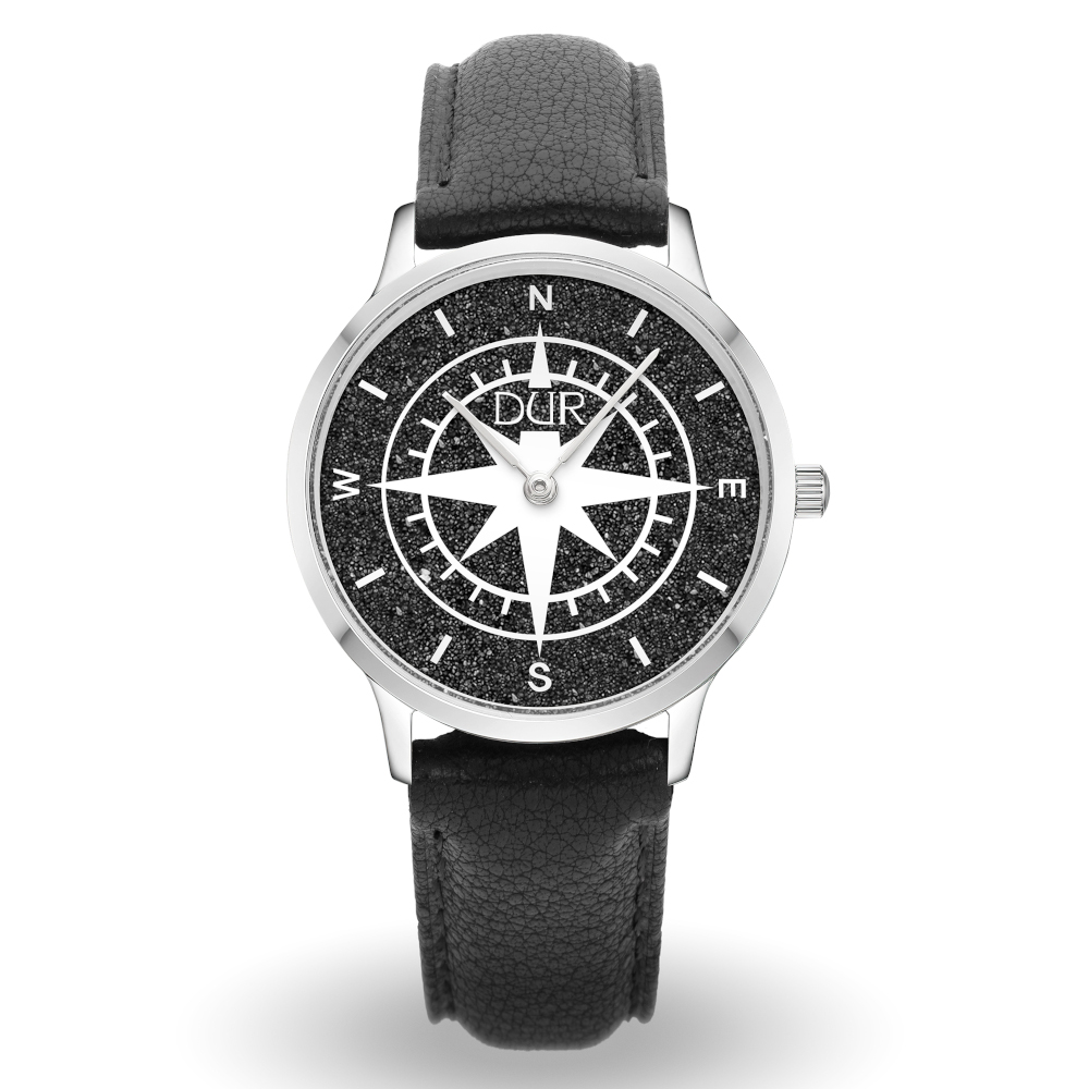 DUR Armbanduhr 40er Kompass Lavasand Lederband Schwarz DW013