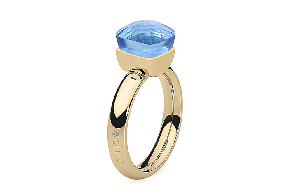 QUDO Ring Edelstahl Goldplattiert FIRENZE Kristall Light Sapphire 611010